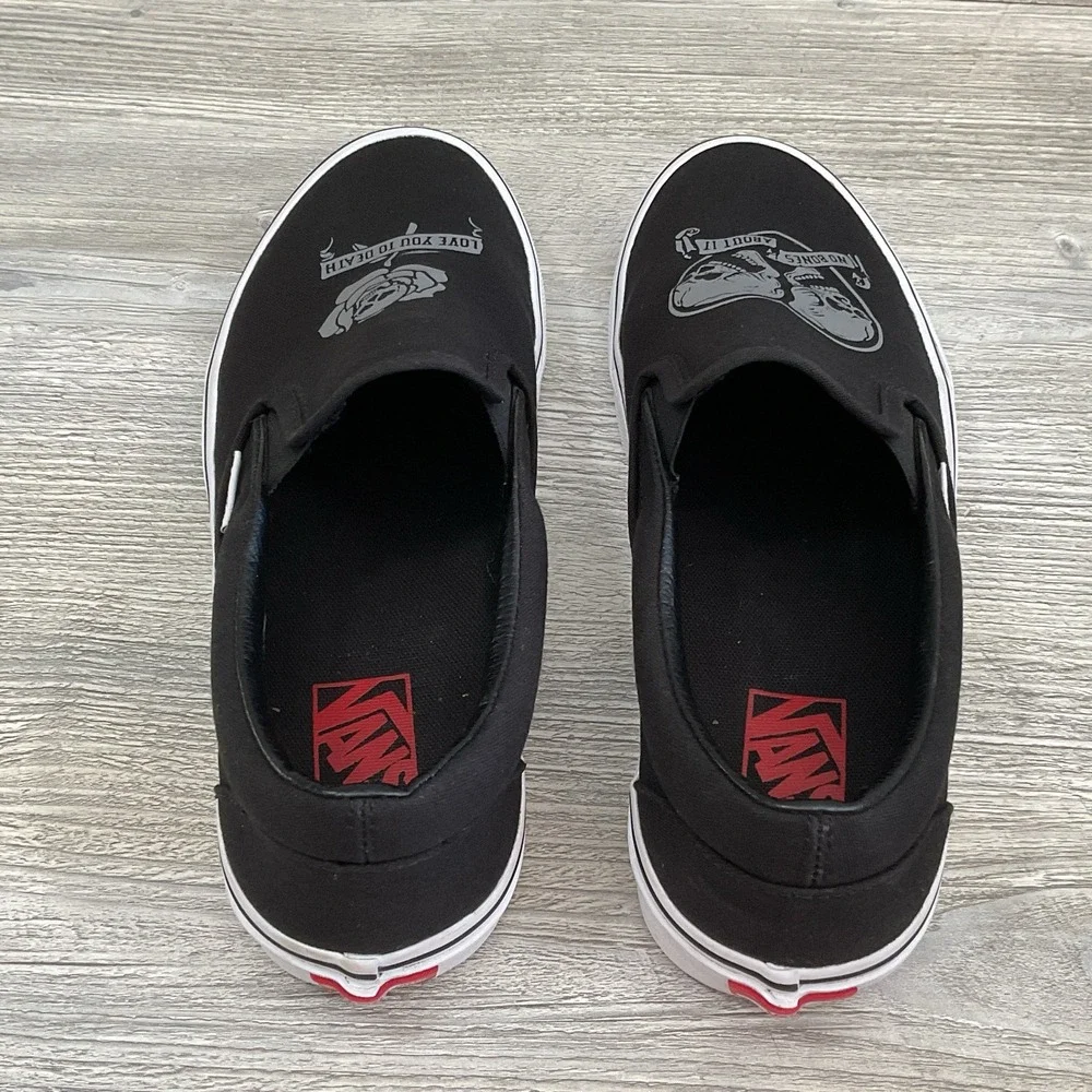 VANS Slip On Love You To Death Black Silver Canvas Shoes Womens Size 10 Mens 8.5
